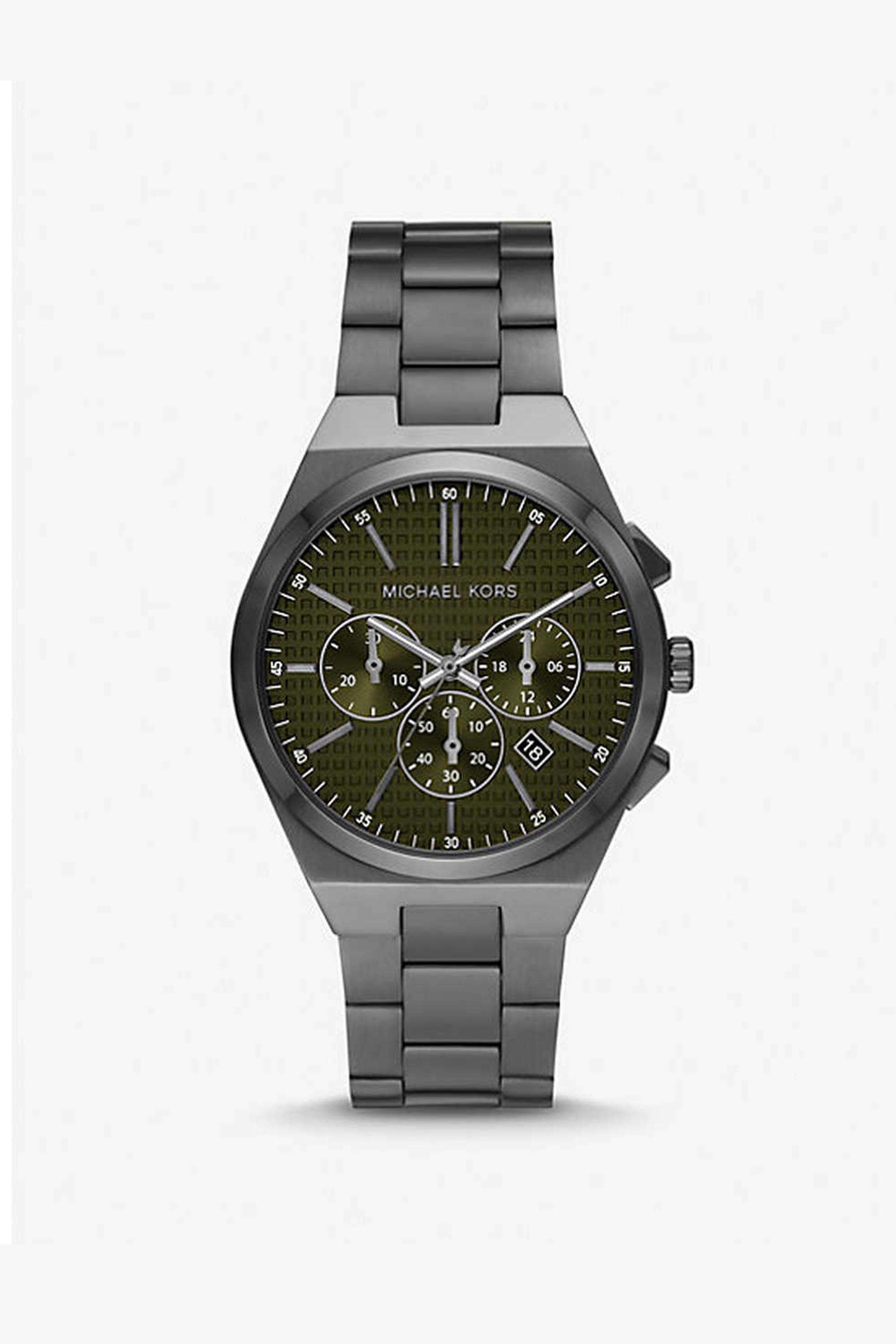 Lennox-Men-s-40-mm-Chronograph-Quartz-Watch---Green-Dial-with-Grey-Stainless-Steel-Strap-(MK9118)