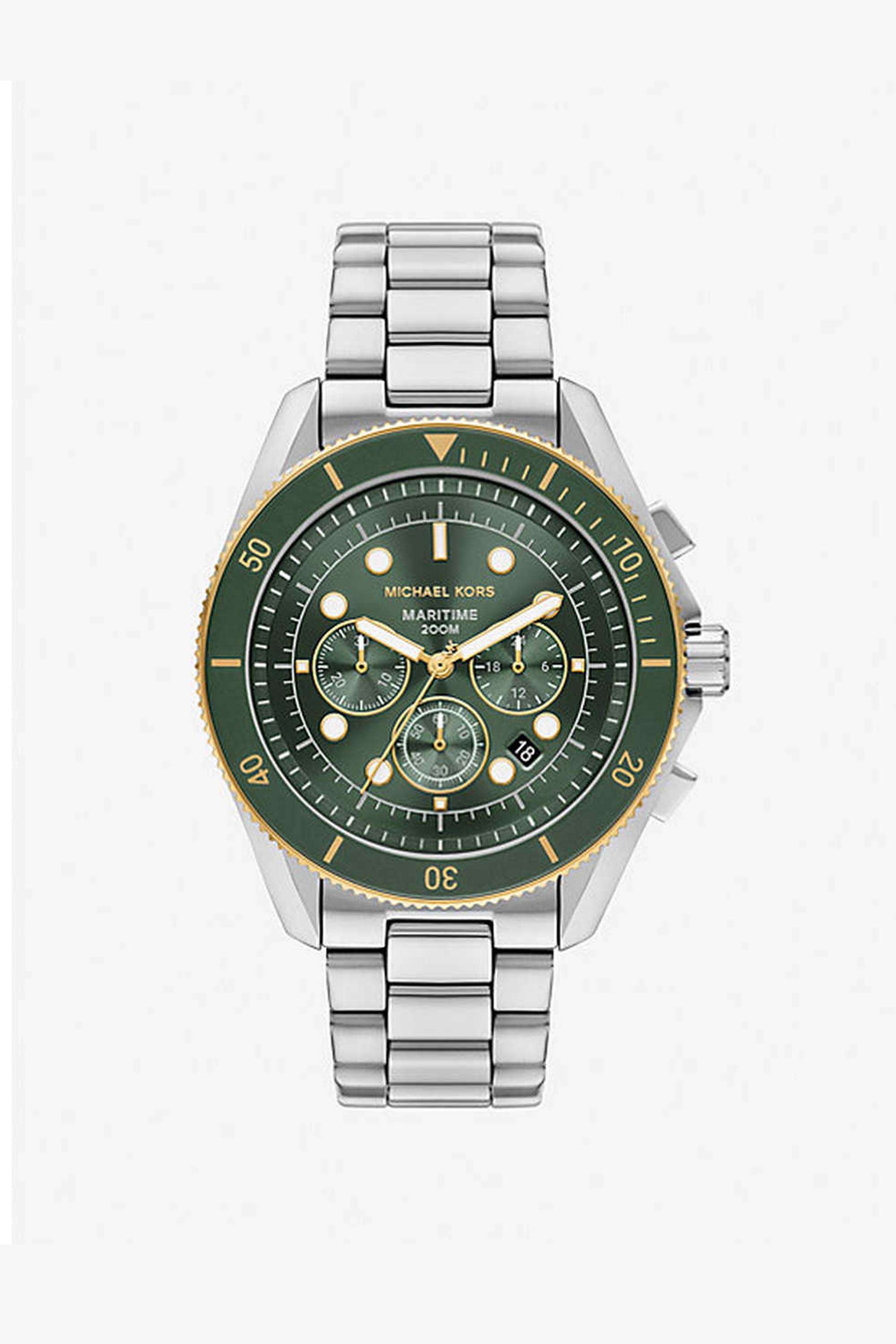 Maritime-Men-s-45-mm-Chronograph-Quartz-Watch---Green-Dial-with-Silver-Stainless-Steel-Strap-(MK9215)