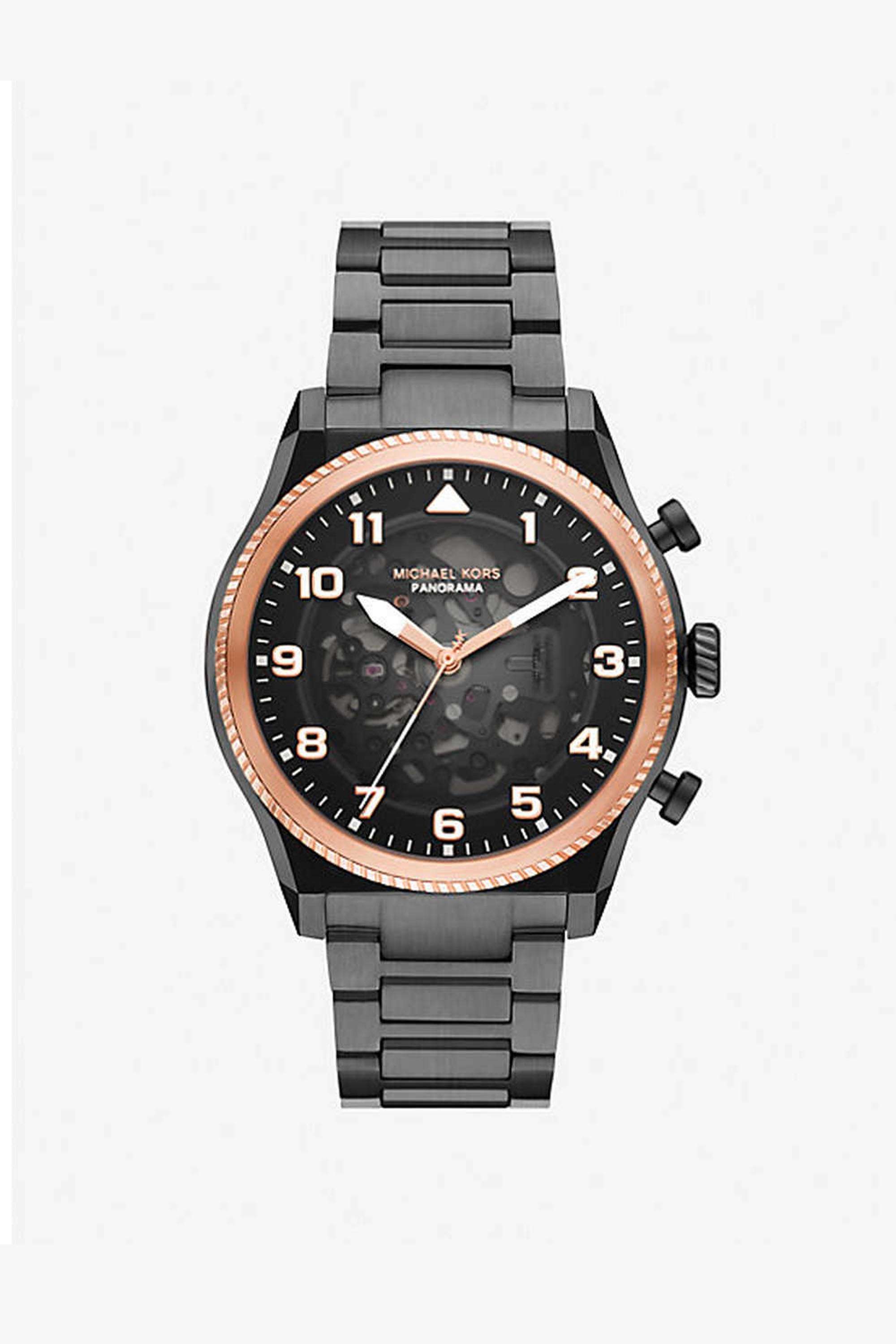 Panorama-Men-s-44-mm-Analogue-Automatic-Watch---Black-Dial-with-Grey-Stainless-Steel-Strap-(MK9219)