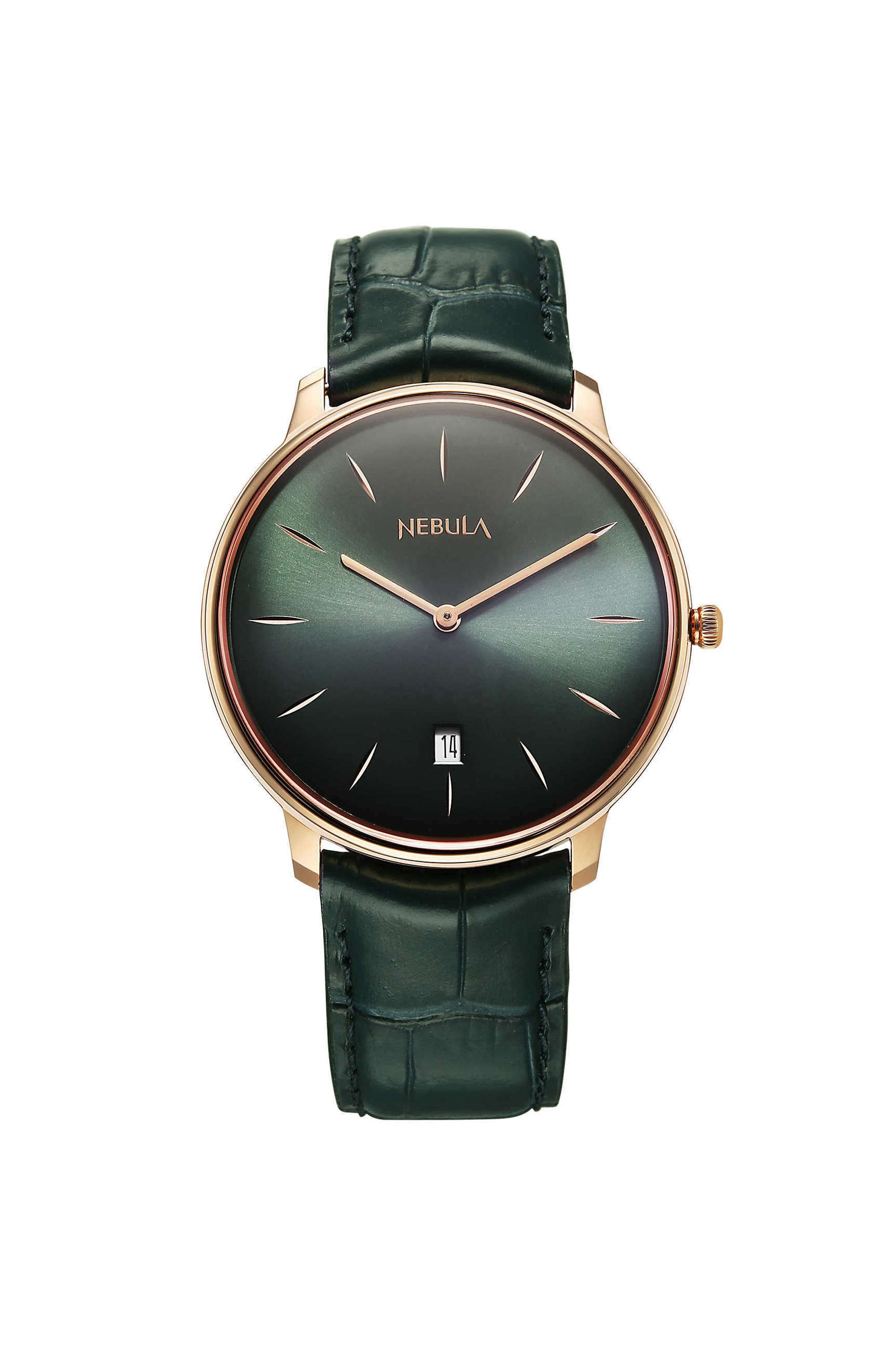 18K-Gold-Green-Dial-Analog-Leather-Strap-Watch-for-Men