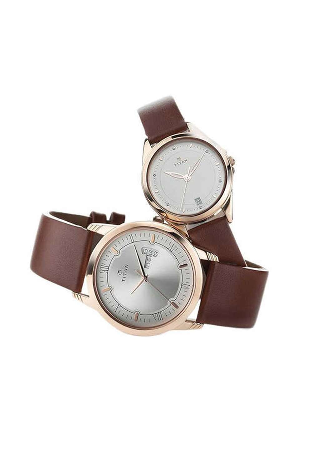 Bandhan-Couple-s-40.4-mm-and-32.4-mm-Analogue-Quartz-Watch---Silver-Dial-With-Brown-Leather-Strap-(NT17742565WL01)
