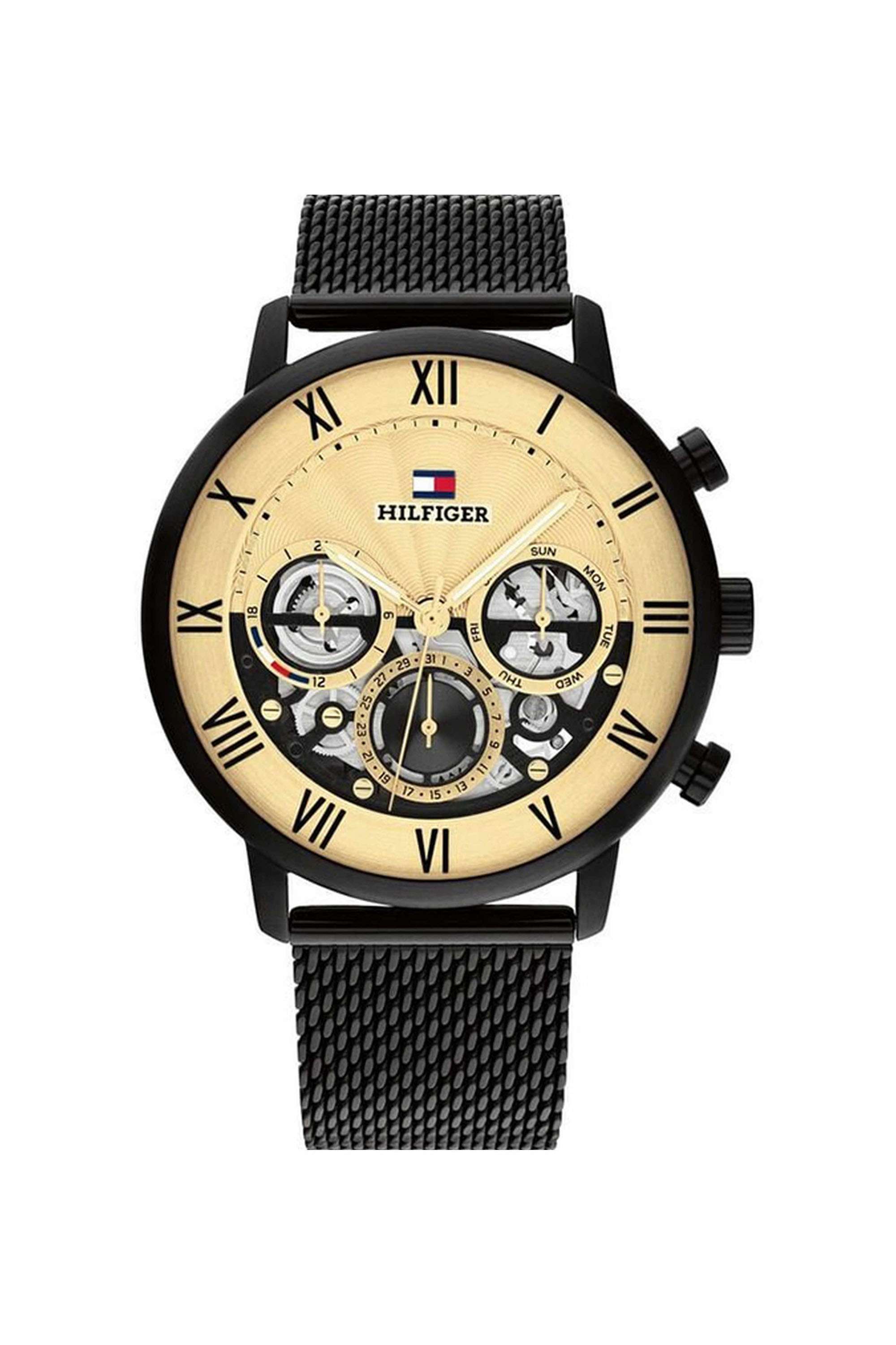 Legend-44-mm-Quartz-Analogue-Watch-For-Men---Gold-Dial-with-Black-Stainless-Steel-Strap-(TH1710568)