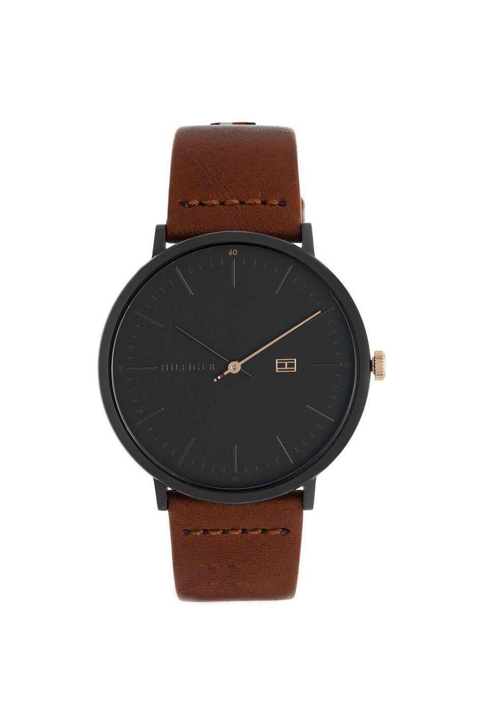 Men-s-42-mm-Quartz-Analogue-Watch---Black-Dial-with-Brown-Leather-Strap-(TH1791461)