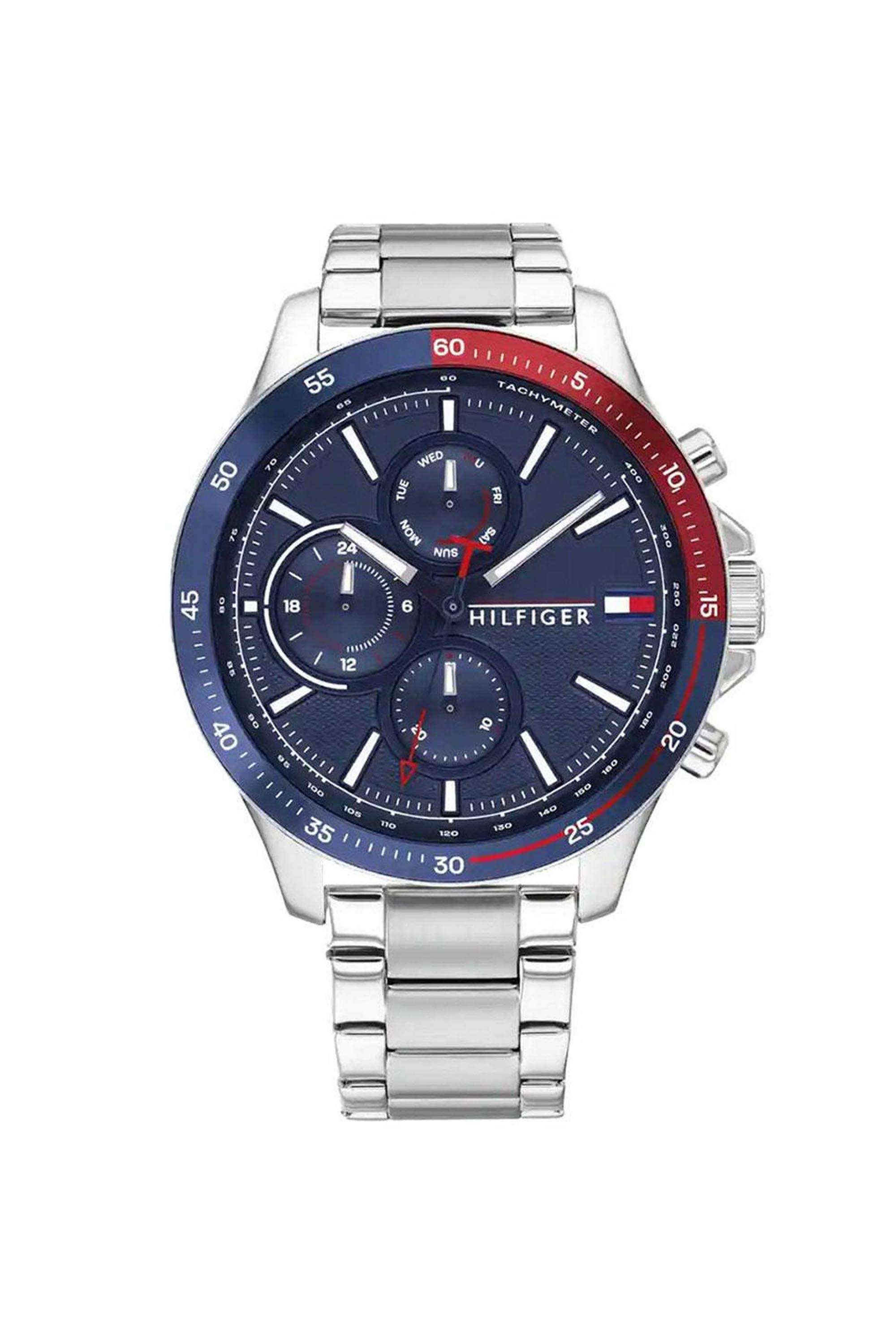 Men-s-46-mm-Quartz-Analogue-Watch---Blue-Dial-with-Silver-Stainless-Steel-Strap-(TH1791718)