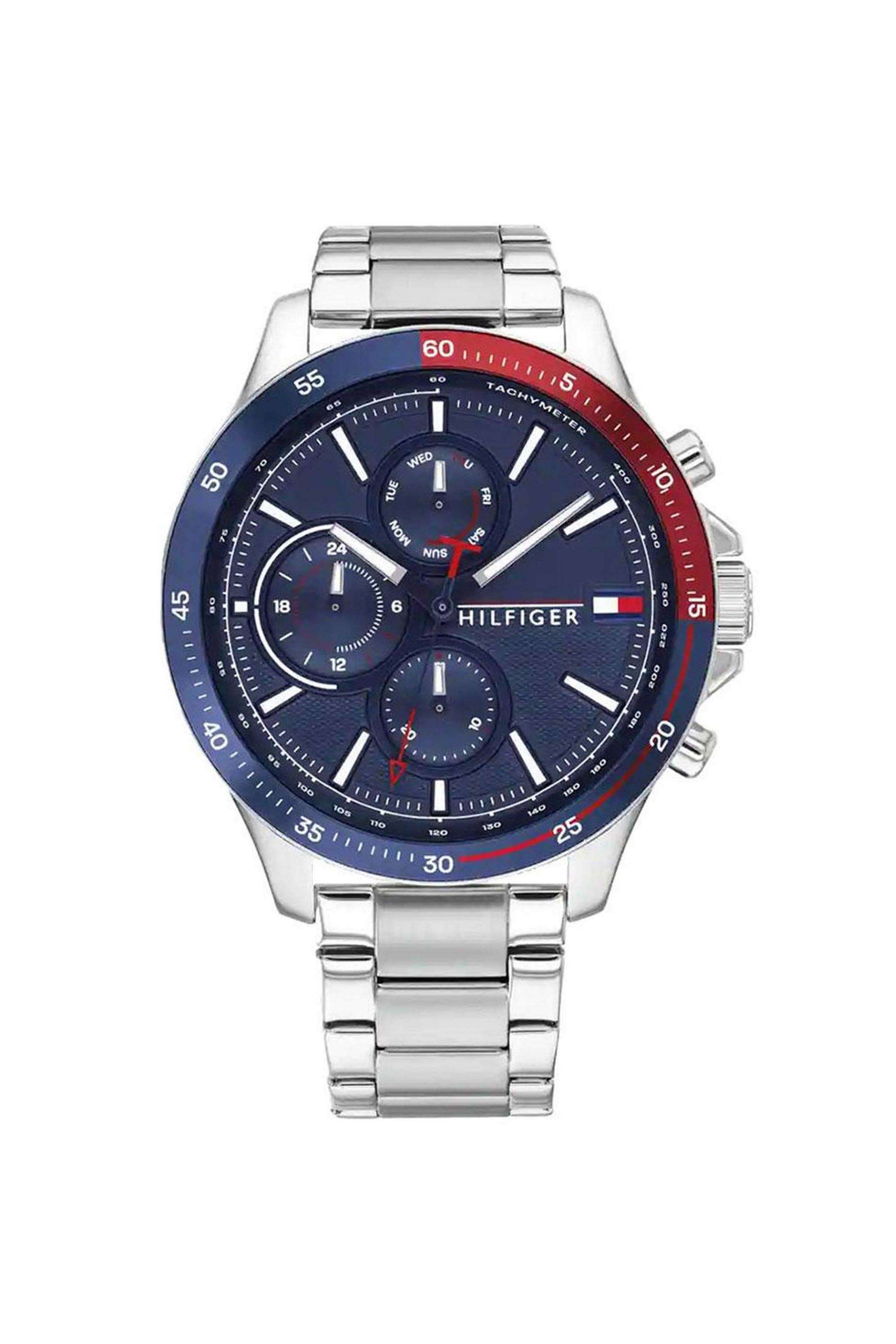 Men-s-46-mm-Quartz-Analogue-Watch---Blue-Dial-with-Silver-Stainless-Steel-Strap-(TH1791718)