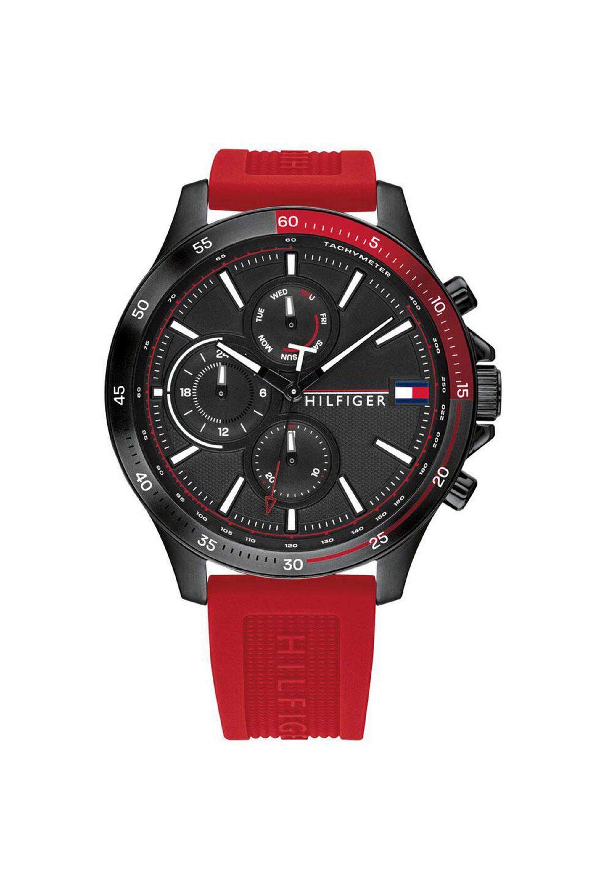 Men-s-46-mm-Quartz-Analogue-Watch---Black-Dial-with-Red-Silicone-Strap-(TH1791722)
