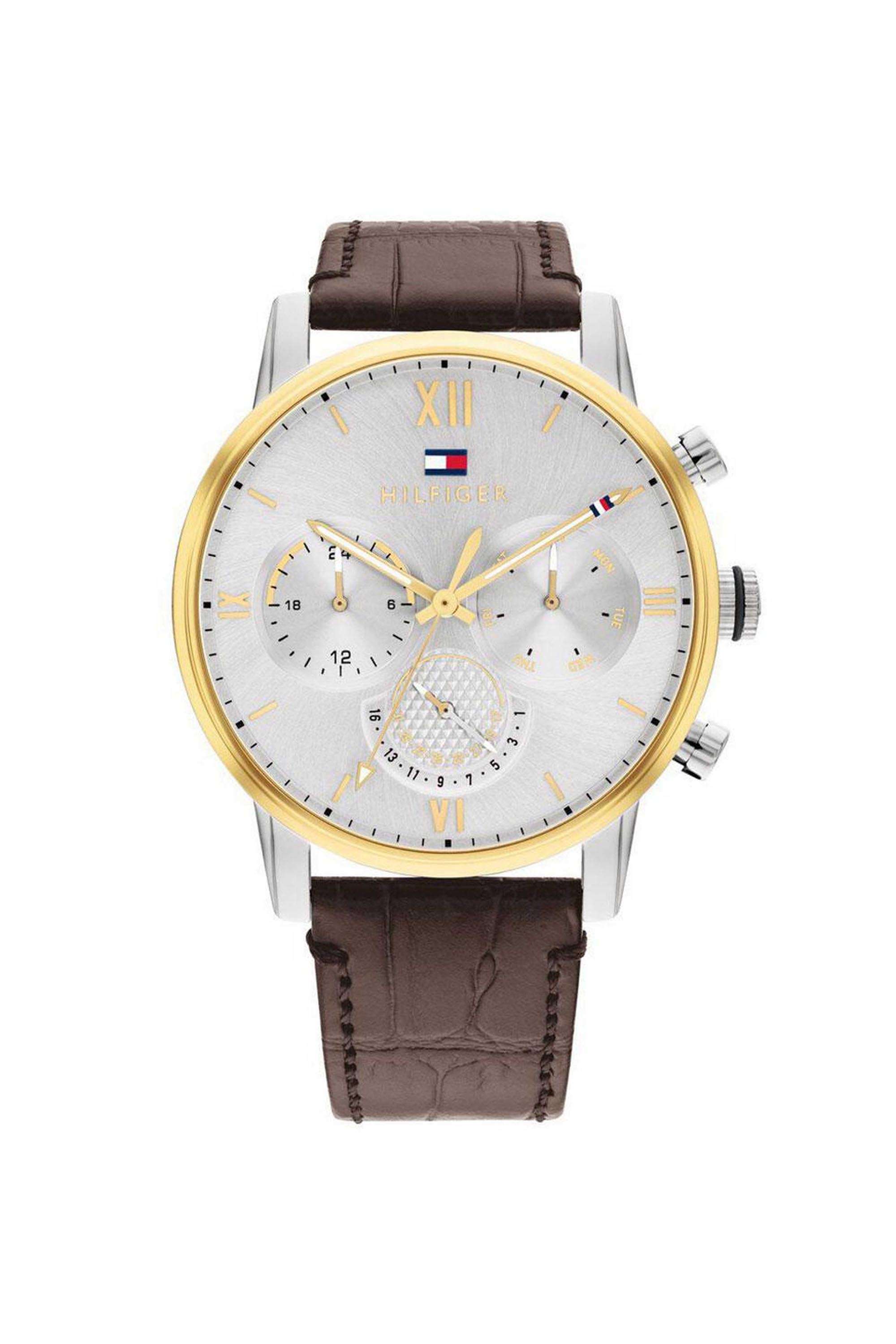 Men-s-44-mm-Quartz-Analogue-Watch---Silver-Dial-with-Brown-Leather-Strap-(TH1791884)