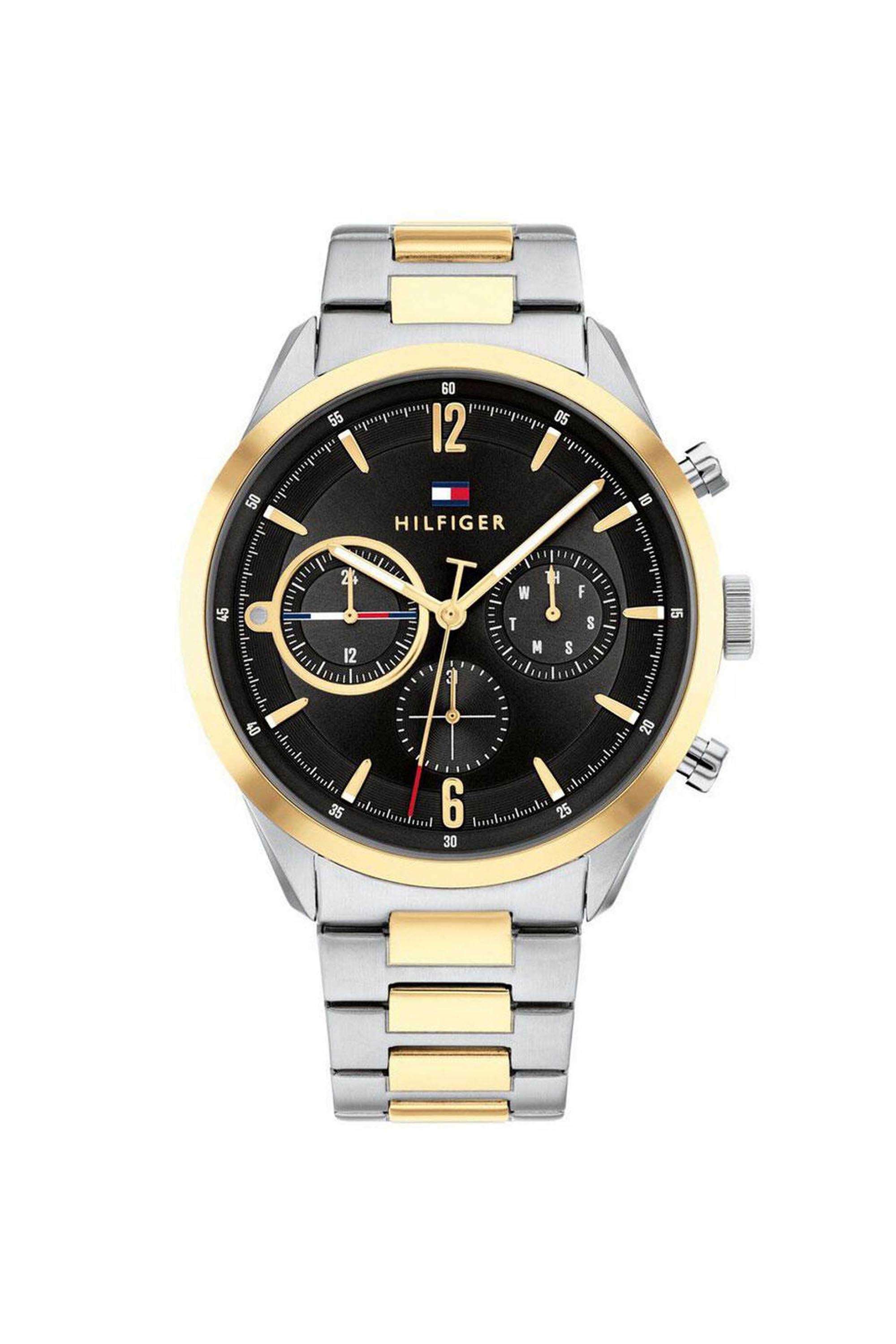 Men-s-44-mm-Quartz-Analogue-Watch---Black-Dial-with-Two-Tone-Stainless-Steel-Strap-(TH1791944)