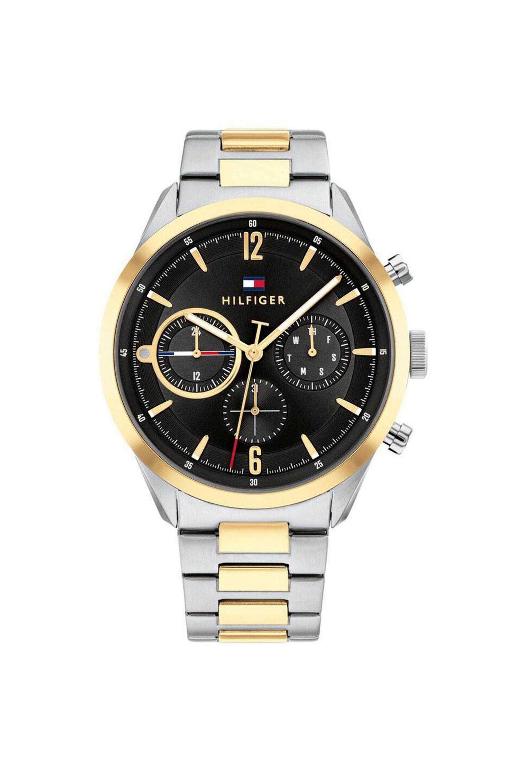 Men-s-44-mm-Quartz-Analogue-Watch---Black-Dial-with-Two-Tone-Stainless-Steel-Strap-(TH1791944)