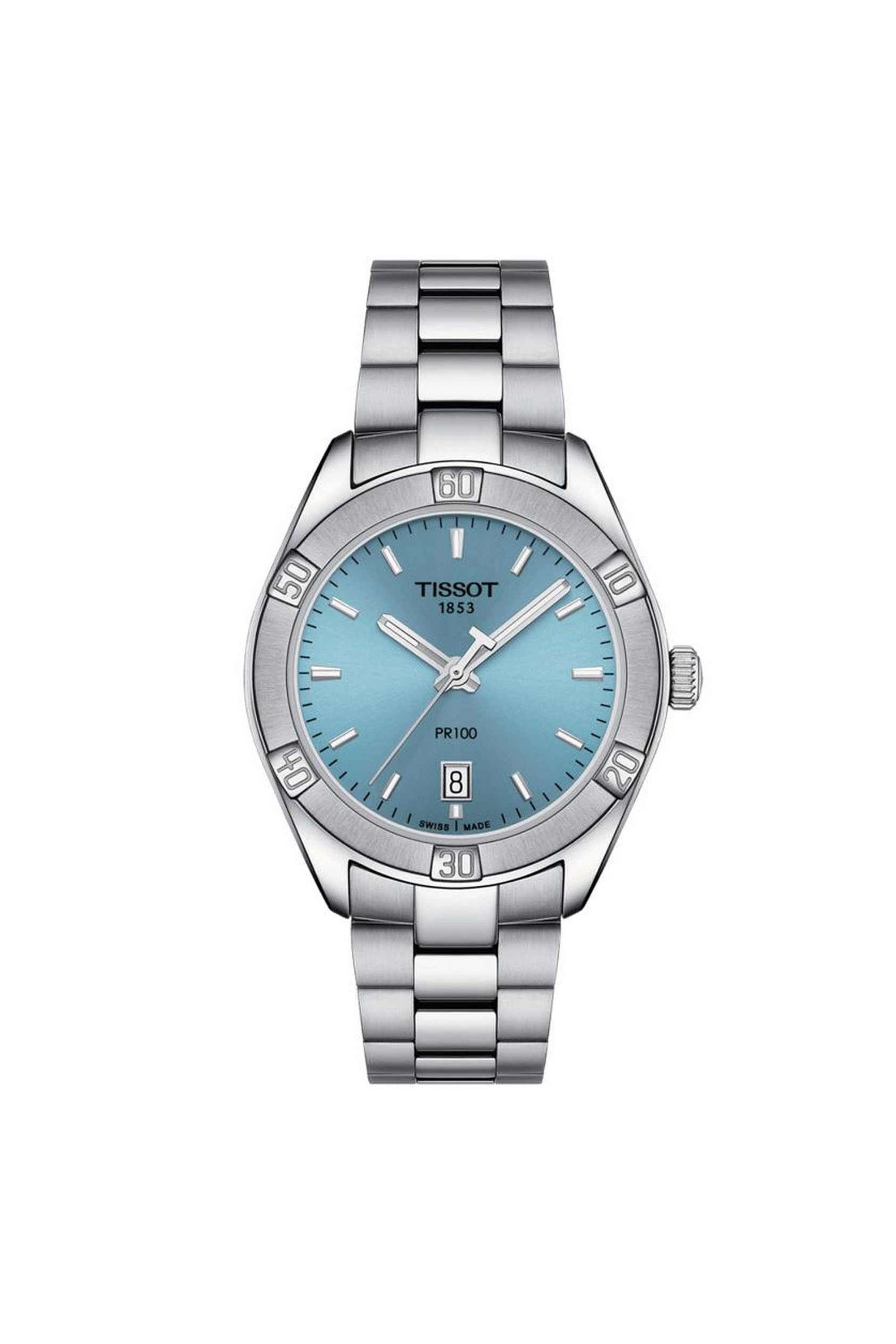 Classic-Contemporary-PR-100-Sport-Chic-36-mm-Analogue-Swiss-Quartz-Watch-For-Women-s---Blue-Dial-with-Grey-Stainless-Steel-Strap-(T1019101135100)