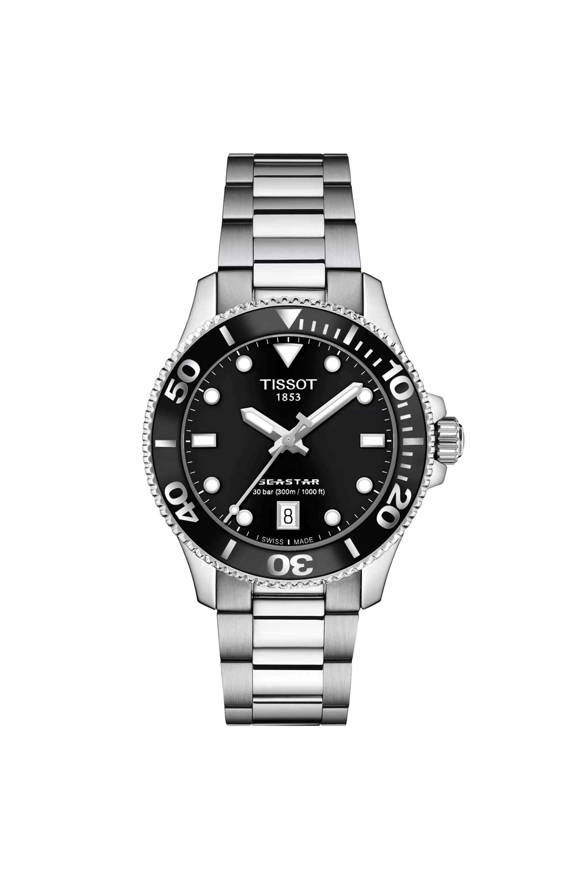 Sport-Seastar-1000-36-mm-Analogue-Swiss-Quartz-Watch-For-Women-s---Black-Dial-with-Grey-Stainless-Steel-Strap-(T1202101105100)