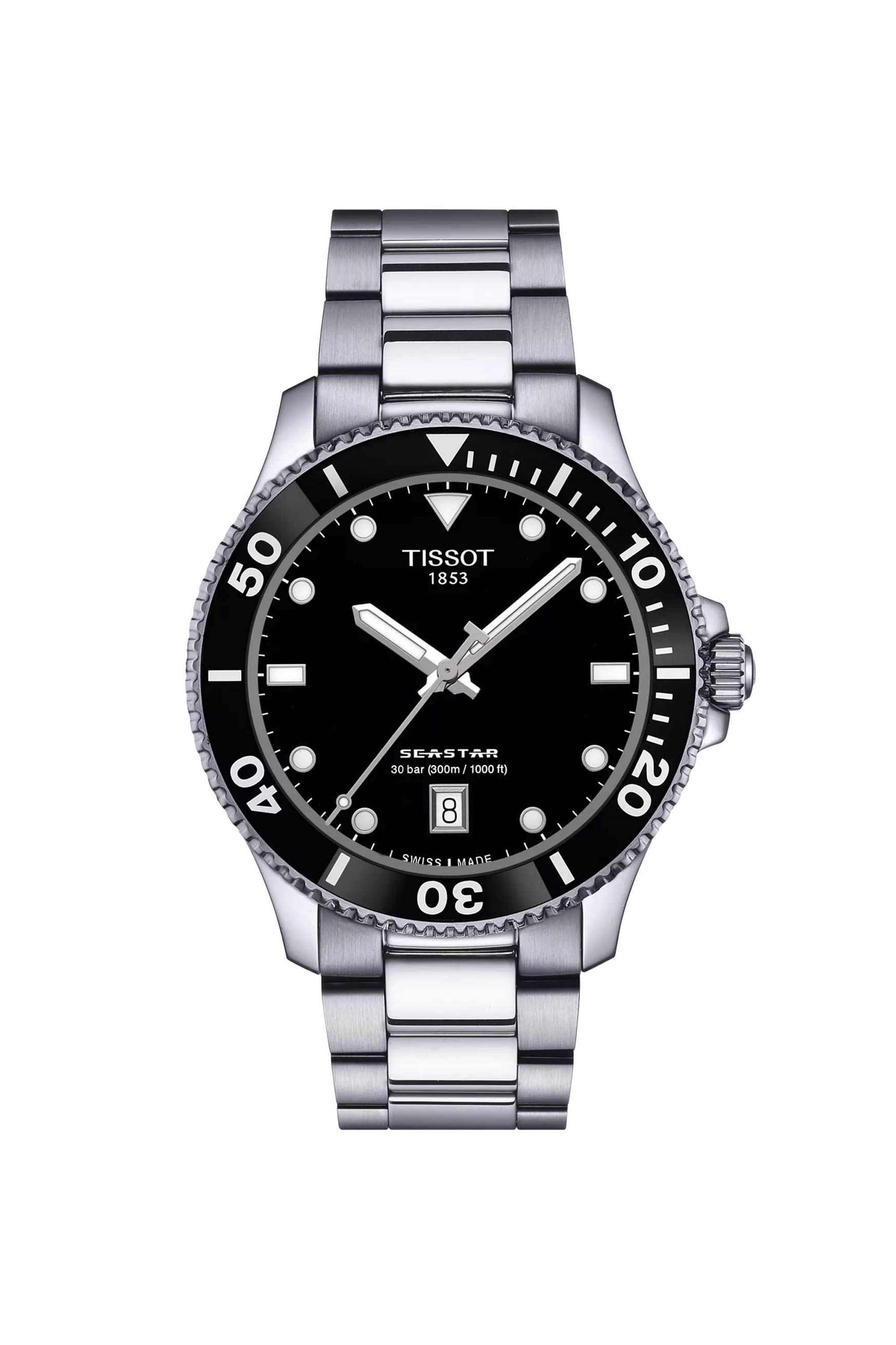 Sport-Seastar-1000-40-mm-Analogue-Swiss-Quartz-Watch-For-Men-s---Black-Dial-with-Grey-Stainless-Steel-Strap-(T1204101105100)
