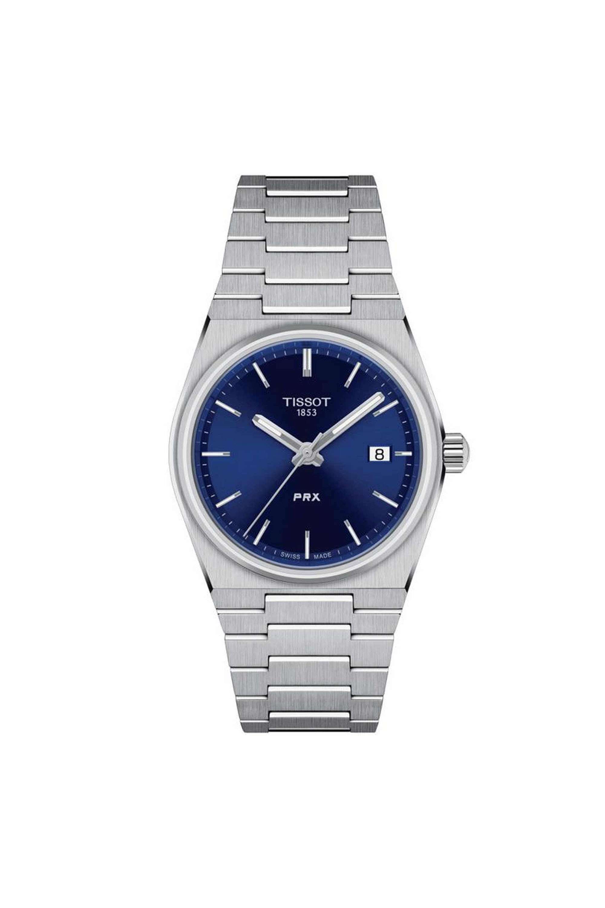Classic-Contemporary-PRX-35-mm-Analogue-Swiss-Quartz-Watch-For-Women-s---Blue-Dial-with-Grey-Stainless-Steel-Strap-(T1372101104100)