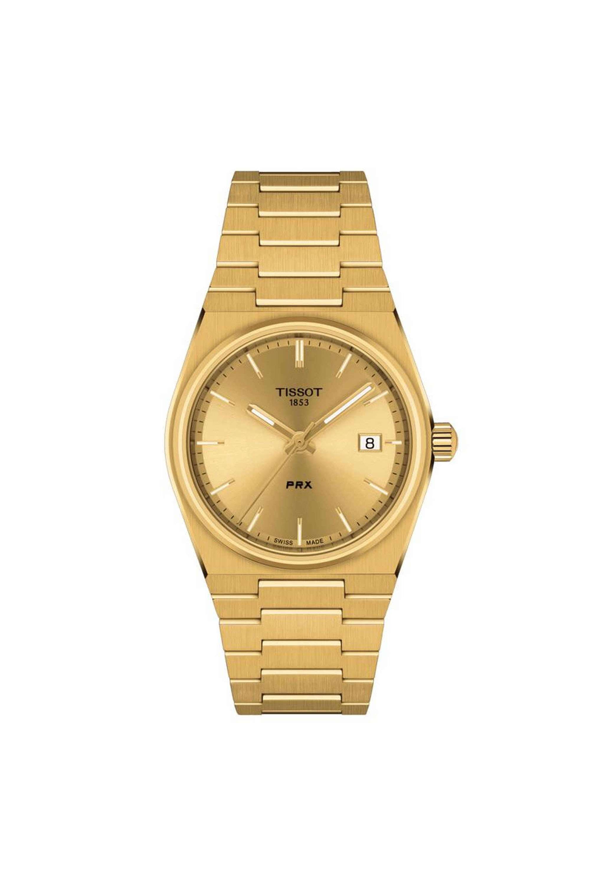 Classic-Contemporary-PRX-34.6-mm-Analogue-Swiss-Quartz-Watch-For-Unisex---Gold-Dial-with-Gold-Stainless-Steel-Strap-(T1372103302100)