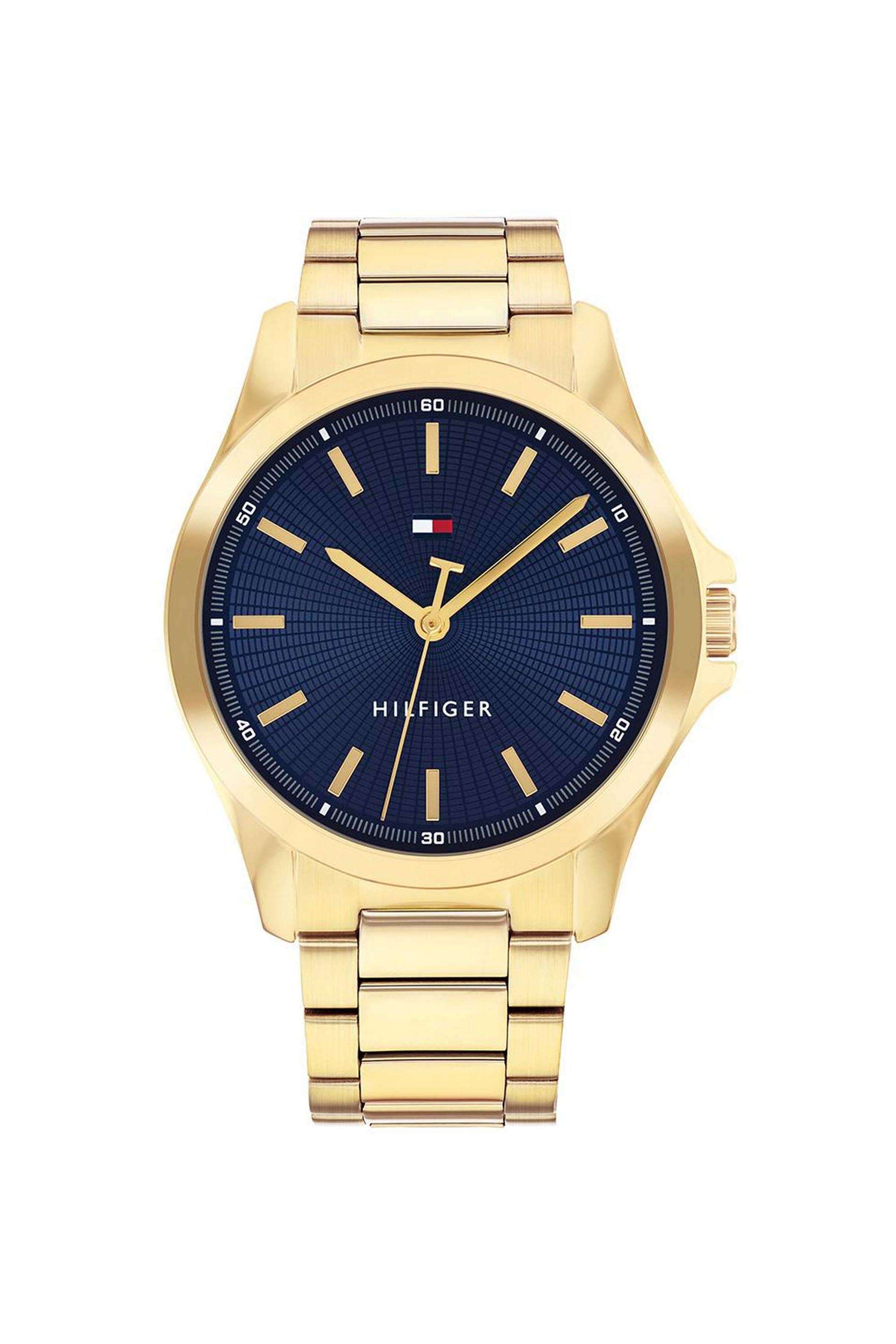 Men-s-42-mm-Quartz-Analogue-Watch---Blue-Dial-with-Gold-Stainless-Steel-Strap-(TH1710679)
