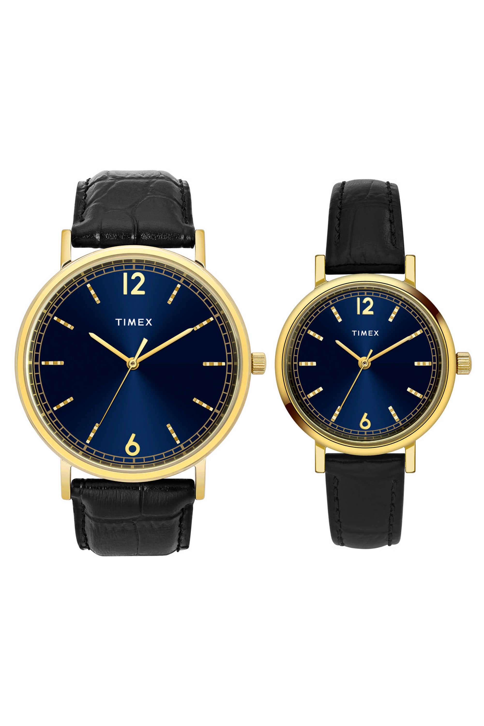 42-mm-&-32-mm-Quartz-Analogue-Watch-for-Couple---Blue-Dial-with-Black-Leather-Strap-(TW00PR335)