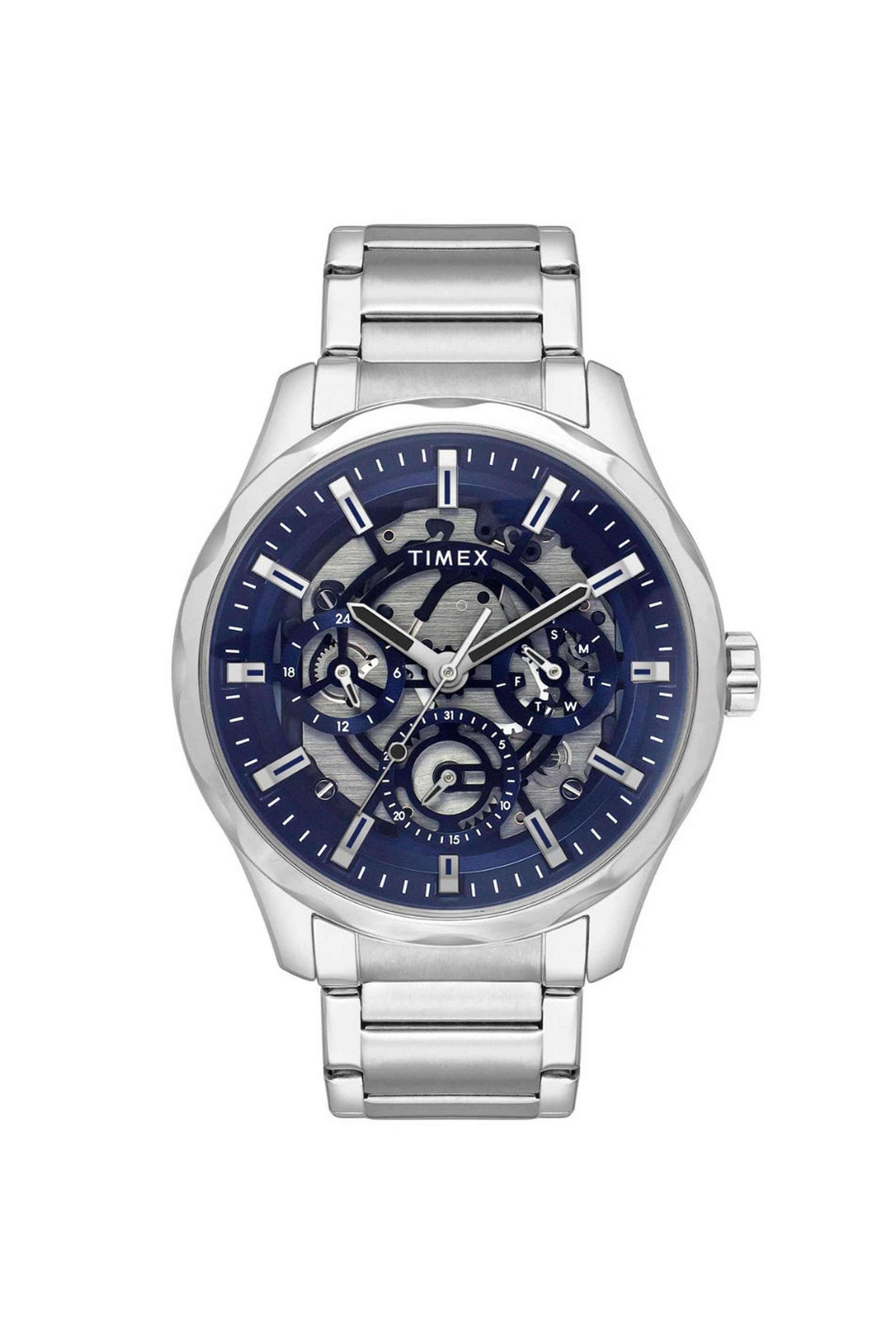 E-Class-44-mm-Quartz-Analogue-Watch-for-Men---Blue-Dial-with-Silver-Stainless-Steel-Strap-(TW0TG7627)