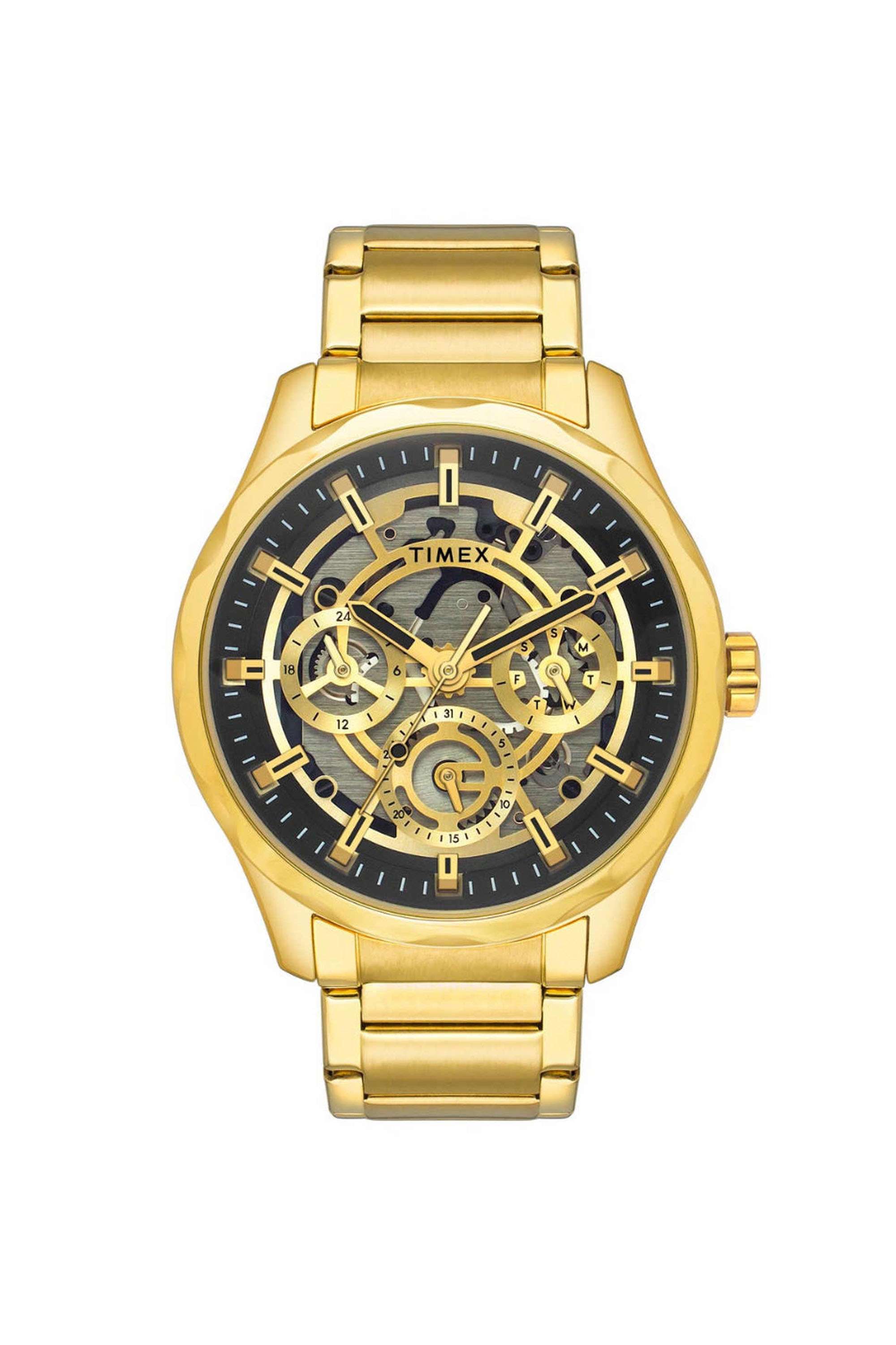 44-mm-Quartz-Analogue-Watch-for-Men---Black-Dial-with-Gold-Stainless-Steel-Strap-(TW0TG7628)