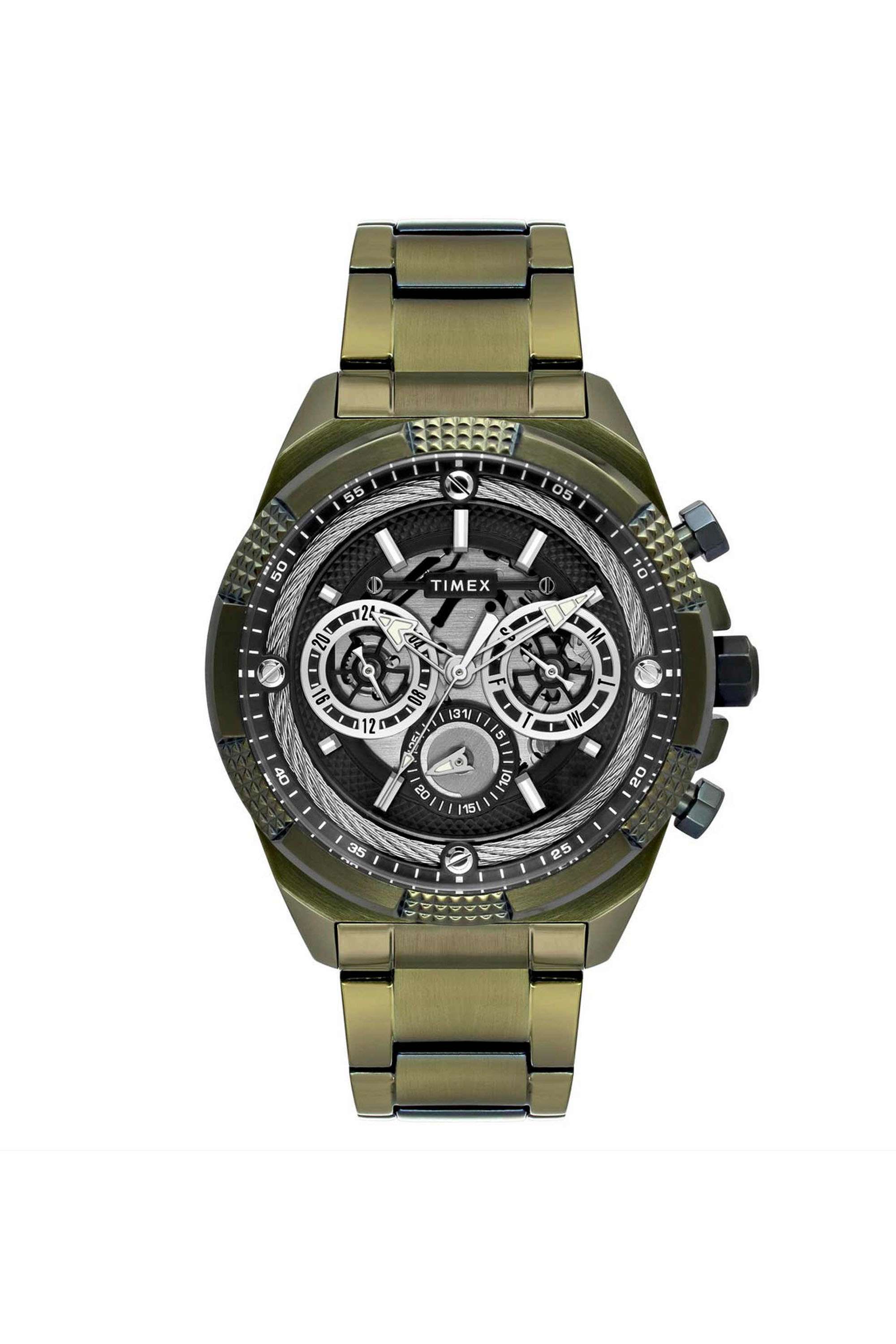 46.75-mm-Quartz-Analogue-Watch-for-Men---Grey-Dial-with-Green-Stainless-Steel-Strap-(TWEG27701)