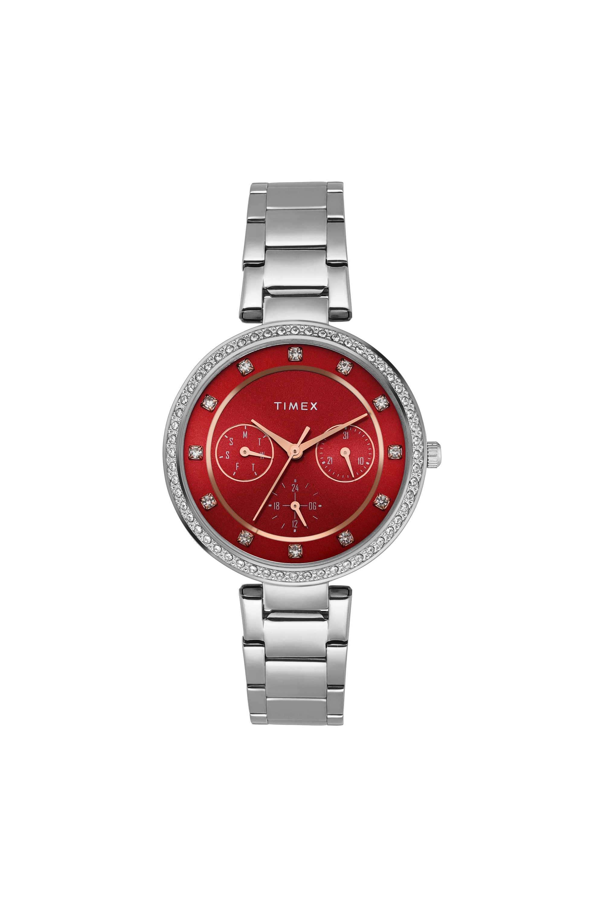 35-mm-Quartz-Analogue-Watch-For-Women---Red-Dial-with-Silver-Stainless-Steel-Strap-(TWEL18704)