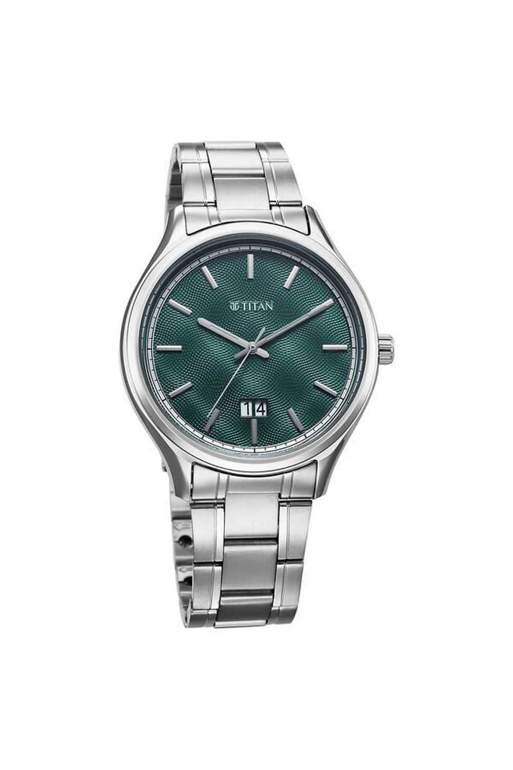 Palette-Of-Time-Men-s-42-mm-Quartz-Analogue-Watch---Green-Dial-With-Silver-Stainless-Steel-Strap-(NT10033SM03)