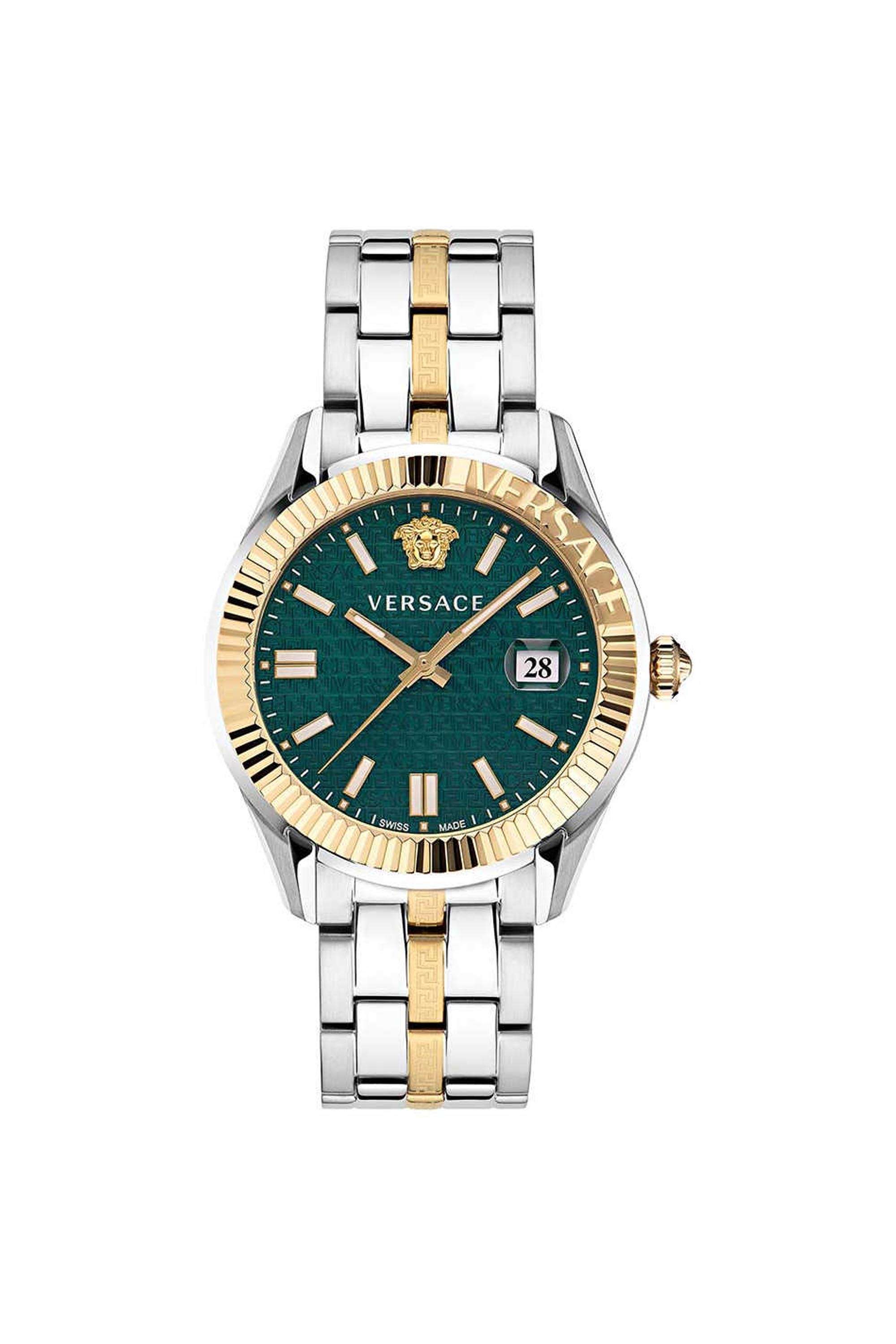 Greca-Time-Men-s-41-mm-Analogue-Quartz-Watch---Green-Dial-with-Silver-Stainless-Steel-Strap-(VE3K00422)