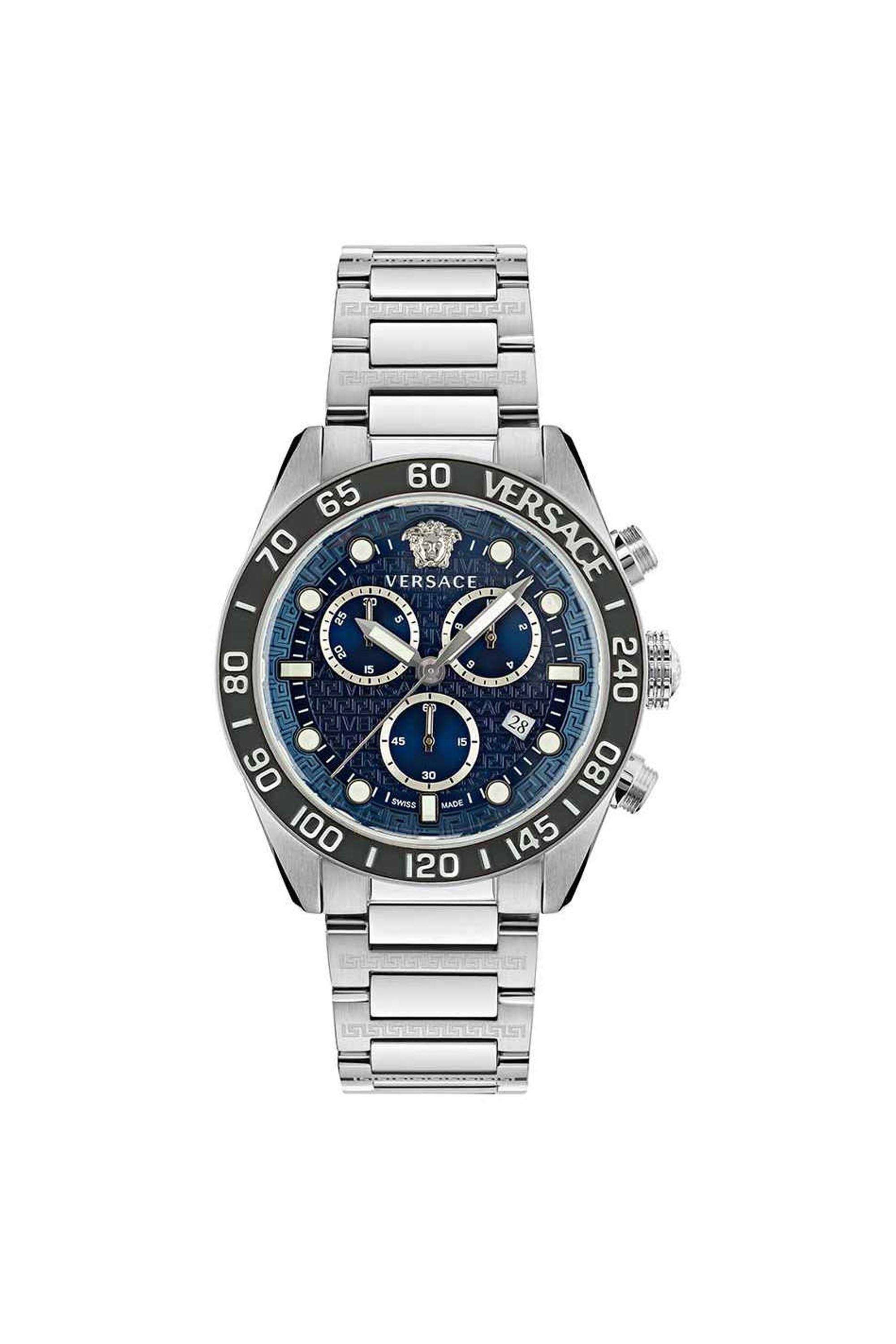 Greca-Dome-Men-s-43-mm-Chronograph-Quartz-Watch---Blue-Dial-with-Silver-Stainless-Steel-Strap-(VE6K00323)