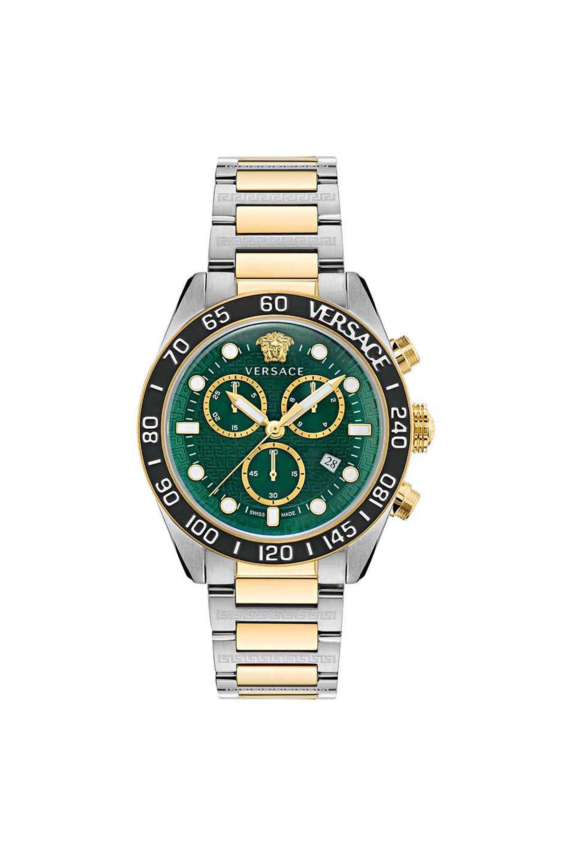 Greca-Dome-Men-s-43-mm-Chronograph-Quartz-Watch---Green-Dial-with-Silver-Stainless-Steel-Strap-(VE6K00423)