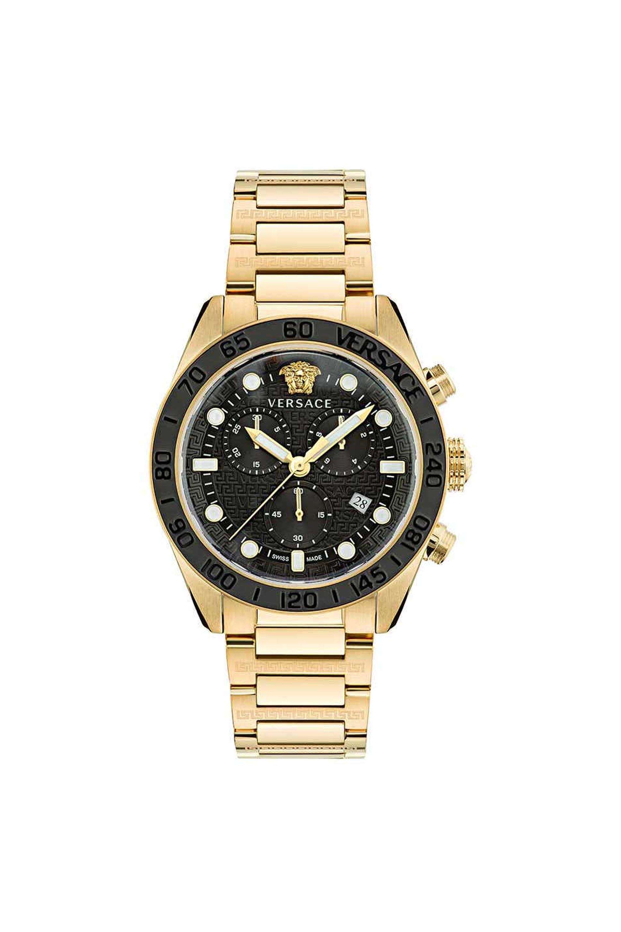 Greca-Dome-Men-s-43-mm-Chronograph-Quartz-Watch---Black-Dial-with-Gold-Stainless-Steel-Strap-(VE6K00523)
