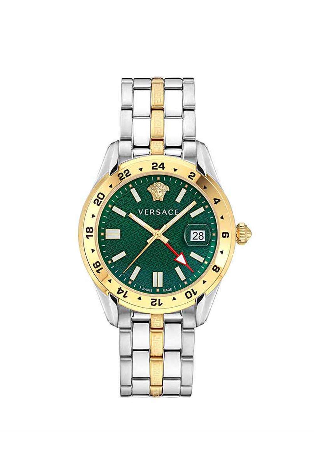 Greca-Time-Gmt-Men-s-41-mm-Analogue-Quartz-Watch---Green-Dial-with-Gold-Stainless-Steel-Strap-(VE7C00623)