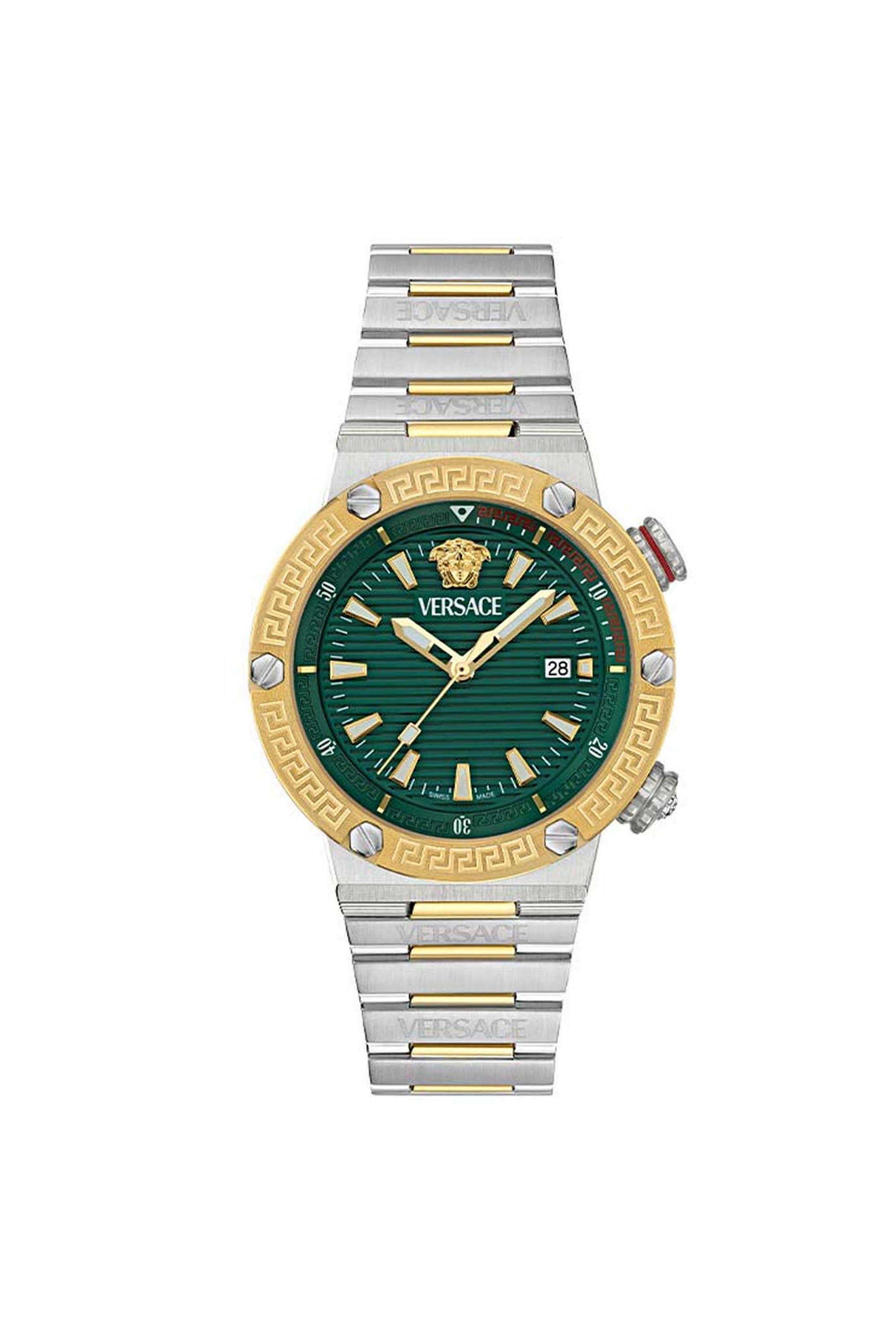 Greca-Logo-Diver-Men-s-43-mm-Analogue-Quartz-Watch---Green-Dial-with-Silver-Stainless-Steel-Strap-(VE8G00524)