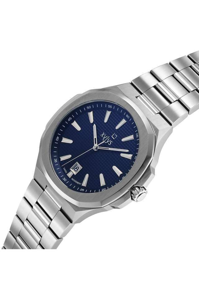 Swiss-Quartz-44-mm-Blue-Dial-Stainless-Steel-Analogue-Wrist-Watch-for-Men---40058SM01E