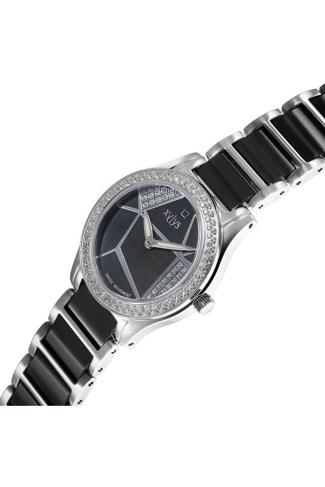 Swiss-Quartz-35-x-8.09-x-30-mm-Black-Dial-Stainless-Steel-Analogue-Wrist-Watch-for-Women---9766SD02E